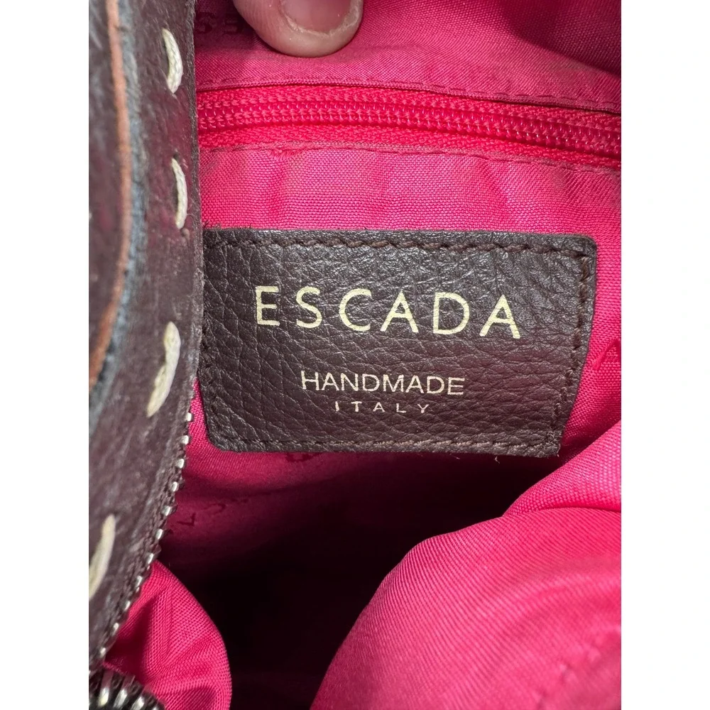 Vintage Escada Hobo Bag Purse L Brown Pebbled Leather Whipstitch Silver Italy